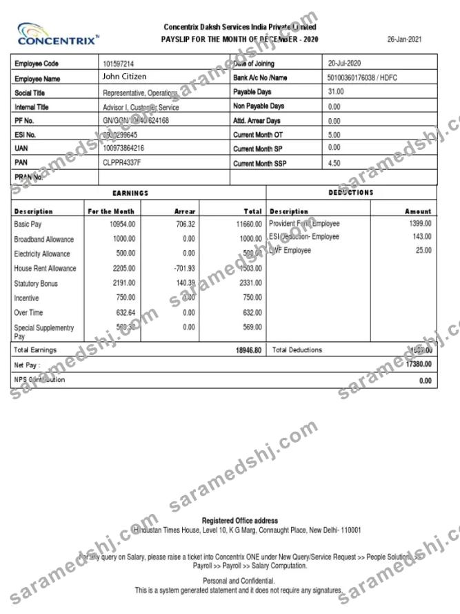 INDIA CONCENTRIX Daksh Services India private Limited payslip in Word and PDF formats